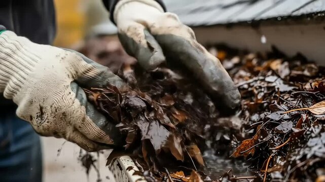 A person wearing work gloves manually cleans wet, decaying leaves and debris from a clogged house rain gutter during seasonal maintenance.