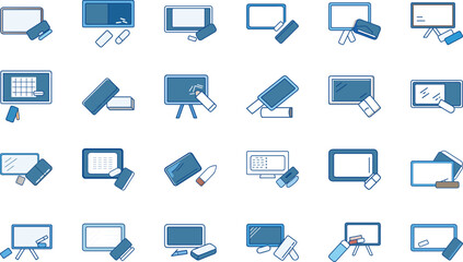 Collection of school chalkboard icons with erasers and chalk in blue color scheme