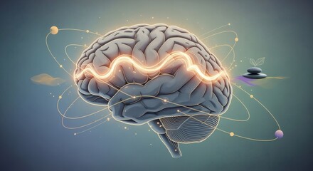 3D illustration of a human brain, highlighted with glowing neural pathways and cosmic elements, suggesting mental activity and abstract thought.