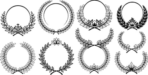 Laurels frames branches with circle borders vector collection. Vintage floral wreaths with leaves , flower, herb, swirls, ornate. Decorative elements for logo, wedding invitation, banner, packaging