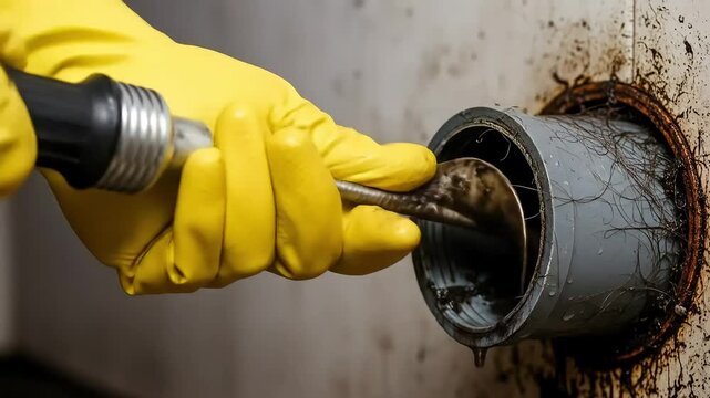 A plumber's hand in a yellow glove clears a severely clogged drain pipe full of hair and gunk.