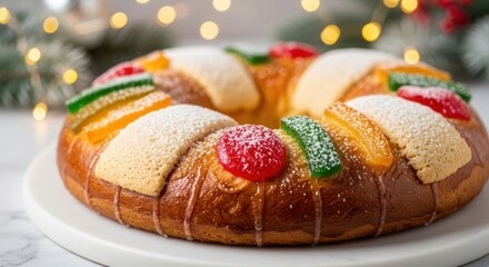 Rosca de Reyes: Traditional Epiphany Cake with Candied Fruit and Powdered Sugar