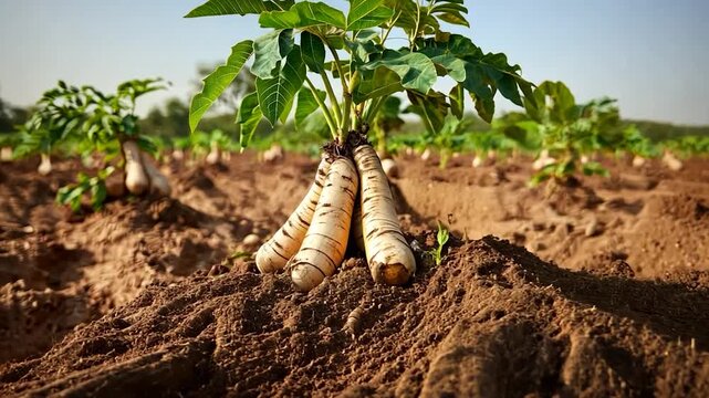 Freshly grown cassava roots in a field