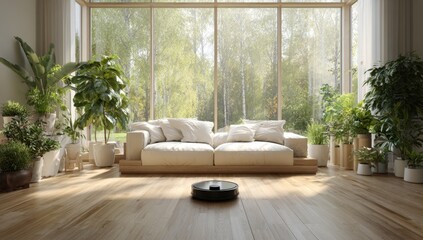 A modern living room is bathed in natural light as a robotic vacuum cleaner efficiently cleans the hardwood floor.