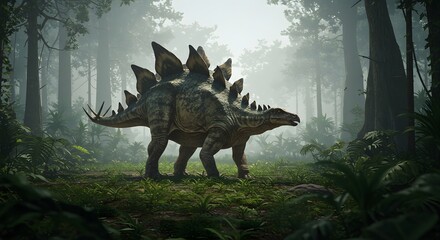 Fototapeta premium A stegosaurus walking through a dense and foggy forest with tall trees and lush green vegetation around it