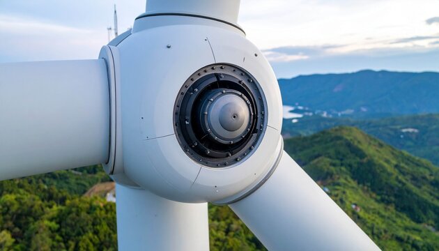 A close-up of a detailed wind turbine blade, showcasing renewable energy technology amidst a natural landscape of green hills and clear skies. This image captures the harmony betweenf - Powered by Adobe