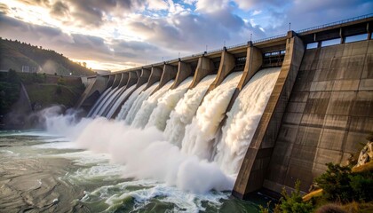 The majestic view of a hydroelectric dam (PLTA) releasing water rapidly, demonstrating the power and beauty of renewable energy.,dam on the river