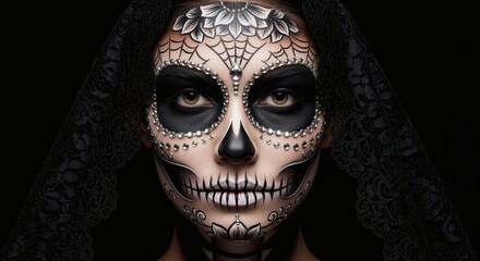 Obraz premium Woman's face adorned with intricate Calavera Catrina makeup, black veil, dark background.