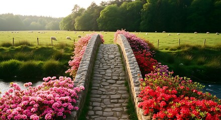 Charming stone footbridge adorned with colorful blooming azaleas, crossing a river in a serene, idyllic countryside.