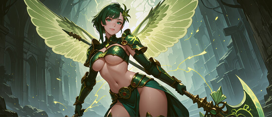 天使の羽を持った緑の髪の美女戦士　A beautiful green-haired warrior with angel wings
