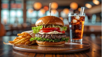 Freshly made hamburger, crispy fries and a glass of sweet tea beverage close up 