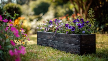 A rustic wooden planter box filled with vibrant purple flowers adds charm to a lush green garden setting.