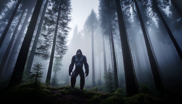 sasquatch shadow in a misty dark forest with towering trees a mysterious presence evoking curiosity and mythic intrigue
