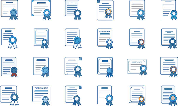 Collection of twenty various certificate icons with ribbons and seals for achievements and awards