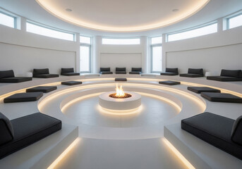 Circular modern lounge with tiered seating, ambient lighting, and central fire pit.