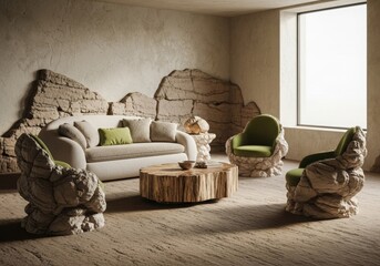 An organic living room with sculptural rock chairs, a raw wood table, and earthy walls.