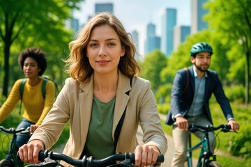 Fototapeta premium Cyclists Enjoying Eco Friendly Park Ride with City Skyline in the Background on a Clear Day