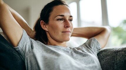 Fototapeta premium Relaxed woman sitting on sofa in comfortable home attire, soft diffused window light in living room. 