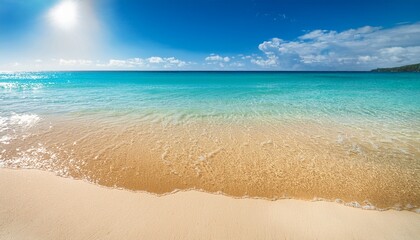 a golden beach with crystal clear waters and soft white sand under a bright sunny sky