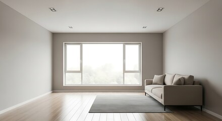 Obraz premium Modern minimalist living room interior with large window and neutral color scheme perfect for