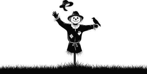 Fototapeta premium Vector art of a scarecrow with a crow on its arm and a hat falling, isolated on white background