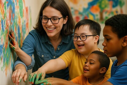 Down Syndrome Child Collaborating on Colorful Mural with Diverse Group in Art Classroom Setting
