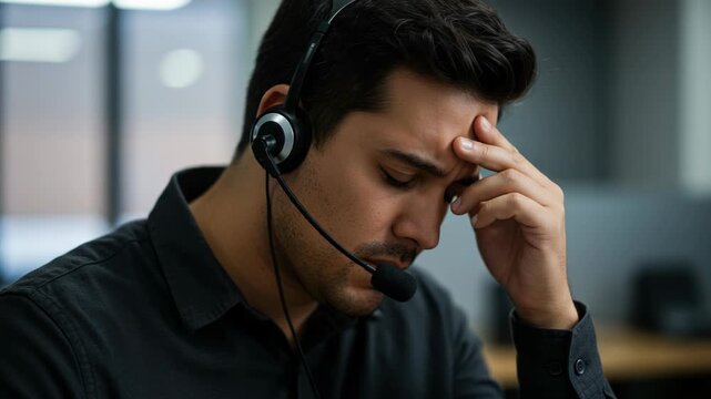 Man with headache and stress while working in a call center