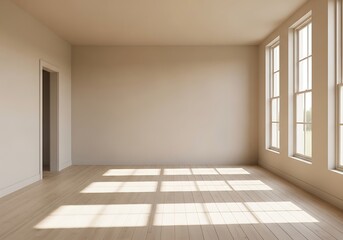 Obraz premium Sunlit empty room with wooden floor and large windows ideal for interior design mockups and real