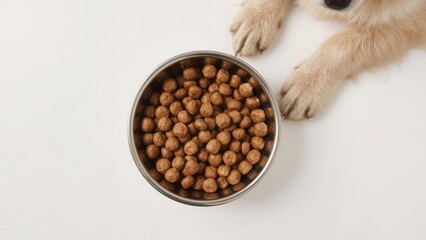 Dog dry food in a steel bowl with paws on a white background