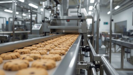 Close-up of cookie production on a modern spiral conveyor system