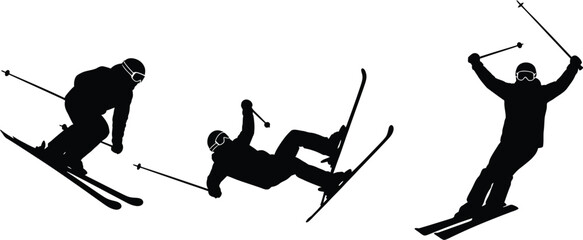 Vector art of a skier in various stages of skiing, including a fall and a successful run, depicted as a black silhouette isolated on white background