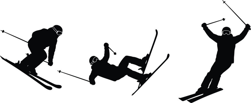 Vector art of a skier in various stages of skiing, including a fall and a successful run, depicted as a black silhouette isolated on white background