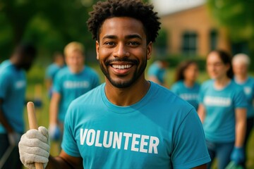 Volunteer Holding a Shovel at Community Park Cleanup Event on a Sunny Day with Diverse Group of Volunteers in Background