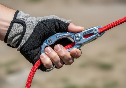 Hand with climbing ascender device gripping a red rope