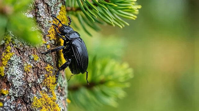 Black beetle on tree trunk