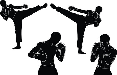 Vector art of a kickboxer is performing kicks and punches during training, showcasing combat sports and martial arts action, isolated on white background