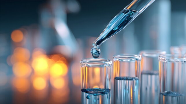 Precision laboratory experiment using pipette and test tubes with blue solution in biotech research Ideal for use in biotech, pharmaceutical, chemical research, or medical innovation content.