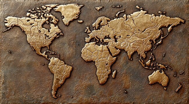 Embossed gold world map on dark brown stone