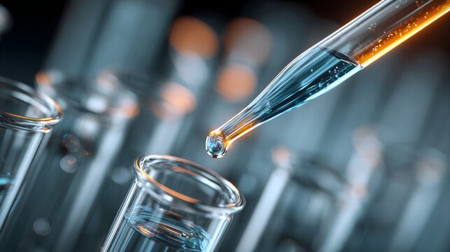 Precision laboratory experiment using pipette and test tubes with blue solution in biotech research Ideal for use in biotech, pharmaceutical, chemical research, or medical innovation content.