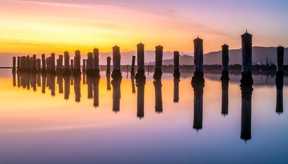 Calm water reflecting a sunrise over cylindrical structures