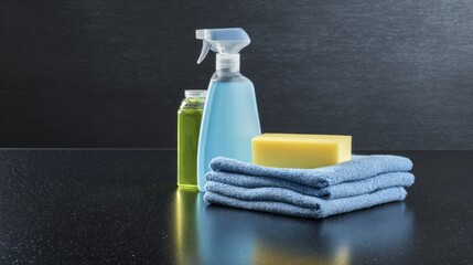 Shiny kitchen countertop with cleaning supplies, reflecting minimalist organization.
