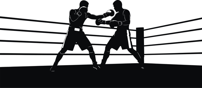 Vector art of illustrations of two boxers in a boxing ring, engaged in a fight, showcasing the action, strength, and competition of the sport