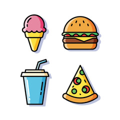 Vector Illustration Set of Food Icons Featuring Ice Cream Pizza Hamburger Drink in Modern Cartoon Style Bright Colors
