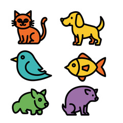 Vector Illustration of Cute Cartoon Animal Set Featuring Cat Dog Bird Fish Pig and Hamster in Playful Minimalist Style with Bright Colors Suitable for Children's Branding and Educational Materials