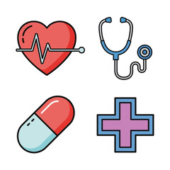 Vector Medical Icon Set Featuring Heart Stethoscope Pill and Cross in Modern Flat Style