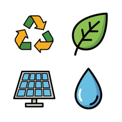 Vector Icon Set of Environmental and Sustainability Symbols in Modern Flat Style with Bright Colors