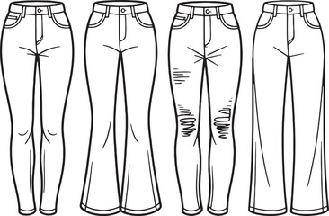 Four pairs of denim pants with varying styles and distressed details jeans trousers