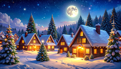 Fototapeta premium Peaceful Snowy Village at Night with Glowing Cozy House.