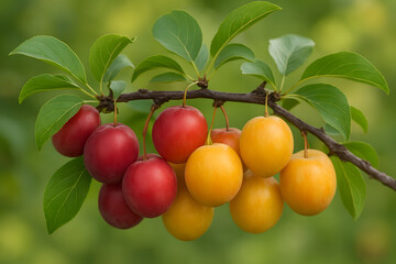 Ripe Red and Yellow Plums on Branch - Organic Garden Harvest with Vibrant Colors in Natural Lighting
