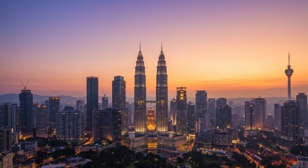 Fototapeta premium Majestic Kuala Lumpur Skyline at Sunrise: A Panoramic View of Petronas Towers and Cityscape